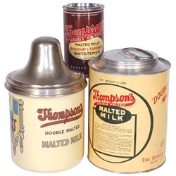 Thompson's Malted Milk items (3), Thompson's Malted Milk Powder litho on tin container w/screw-on li