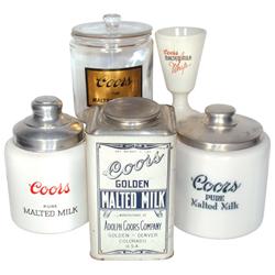 Coors soda fountain items (5), Rare footed thermo porcelain malted milk whip beverage mug, glass can