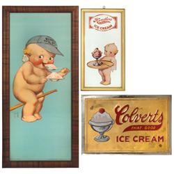 Ice Cream signs & print (3), Rose O'Neill Baseball Kewpie framed print, 17.25"H x 7.75"W, Colverts I