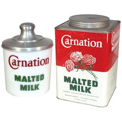 Carnation Malted Milk containers (2), 10 lb tin w/screw-on lid & white milk glass w/spun metal lid, 