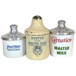 Malted milk containers (3), Duffy's porcelain (chips on base & lid), Yeast Foam porcelain (roughness