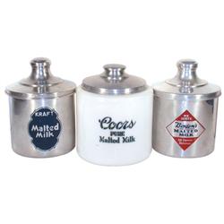 Malted milk containers (3), Kraft & Borden's w/embossed & painted adv & stoneware Coors, all in Exc 