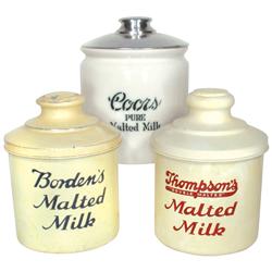 Malted milk containers (3), Thompson's & Borden's w/embossed & painted adv & stoneware Coors, all in