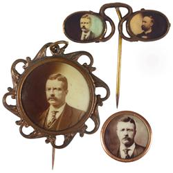 Political items (3), Roosevelt/Fairbanks 1904 brass eyeglass stickpin w/cello photos, Theodore Roose