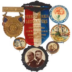 Political items (6), all McKinley/Roosevelt, PA Legislature Inaugural Ceremonies 1901 badge w/1.75" 