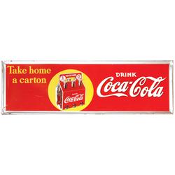 Coca-Cola self-framed metal sign, "Take home a carton", colorful 6-pack graphics, VG cond, 18"H x 55