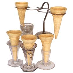 Ice cream items (5), metal 4-cone holder, 3 footed glass cone holders (one has embossed cones  in gl