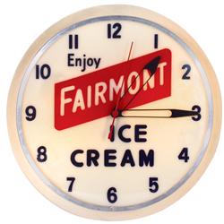 Fairmont Ice Cream light-up metal & plastic clock, works, Exc cond, 15"Dia.