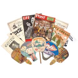Soda fountain paper items (11), hand fans advertising DeCoursey, Greeley Creamery Co., Mikkelsen Dru