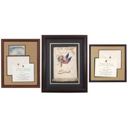 Political Theodore Roosevelt invitations, White House press pass & dinner menu, framed silk menu w/T