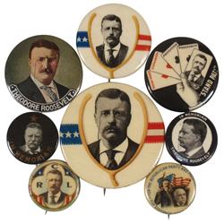 Political buttons (8), all Theodore Roosevelt cello buttons, 1.75" TR, 1.25" TR, 7/8" RCL  & 7/8" co