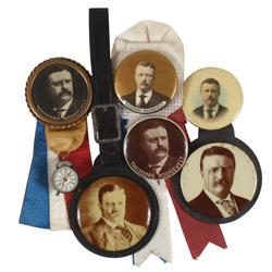 Political items (6), all Theodore Roosevelt, (2) watch fobs w/1.5" cello buttons-one w/leather strap