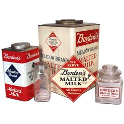 Malted milk containers (5), Borden's #25 malted milk powder tin w/round screw-on lid & handle, Borde