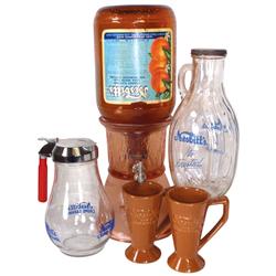Nesbitt's soda fountain items (5), pink glass syrup dispenser w/metal spigot holding brown gallon or
