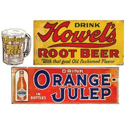 Soda fountain signs (3), Bowey's Root Beer diecut metal mug sign, 10"H x 7.75"W, Orange-Julep metal 