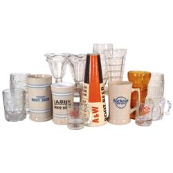 Soda fountain items (15), 2 heavy glass footed malt or soda glasses, 1 lg. embossed A&W mug, 1 sm. e