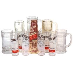 Soda fountain glasses & mugs (12), 6 Richardson's "Freeze" glasses & etched mugs, waxed 1-qt carryou