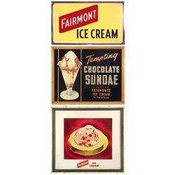 Soda fountain signs (3), Fairmont Ice Cream sign in orig metal frame, 11"H x 18.5"W, paper Fairmont 