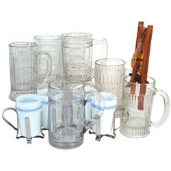 Soda fountain mugs, etc. (11), 2 embossed Howel's Root Beer mugs & 1930s wooden acrobat-on-swing squ