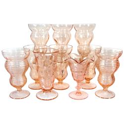 Soda fountain depression glass (10 pcs), pink glass malt, soda, & sundae dishes, Exc cond, 6-7"H.