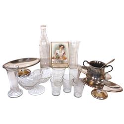 Soda fountain items (15), Moxie silver-plated sugar bowl & spoon, 3 silver-plated Benedict Indestruc