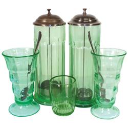 Soda fountain depression glass items (5), 2 green glass straw holders w/metal tops & inserts, 2 foot
