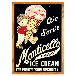 Bellamy Ice Cream & Monticello Dairy 2-sided enameled metal sign, VG to Exc cond on both sides, fram