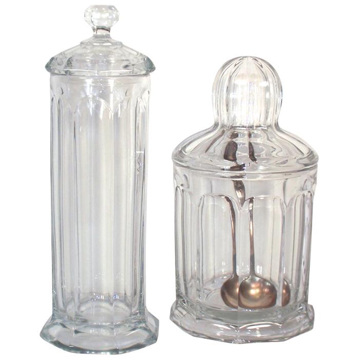 Heisey glass straw holder & Heisey fresh fruit counter jar w/ladle