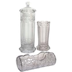 Heisey straw holders (3), Greek Key pattern w/domed glass top, Colonial w/scalloped top, 12"H & Colo