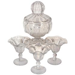 Heisey soda fountain counter items (4), Colonial 1 qt footed fresh fruit jar & 3 ruffled top sundae 