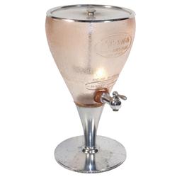 Syrup dispenser, Mission Fruit Juices, all orig w/frosted pink glass urn, c.1920's, complete & in Ex