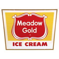 Meadow Gold Ice Cream 2-sided metal sign, Exc cond, 24.25"H x 31"W.