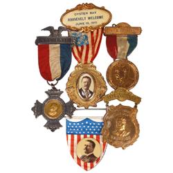 Political badges (5), all Theodore Roosevelt, 1910 Oyster Bay flag badge w/colored cello Roosevelt i