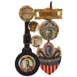 Political items (5), all Theodore Roosevelt, watch fob w/1.25" cello button & leather strap, Square 