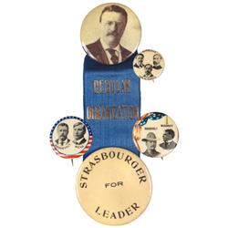 Political buttons & badge (4), all Theodore Roosevelt, Strasbourger for Leader New York coat tail w/