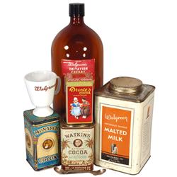 Soda fountain items (8), Walgreen's Imitation Cherry Flavor fountain syrup gallon jar; Walgreen malt