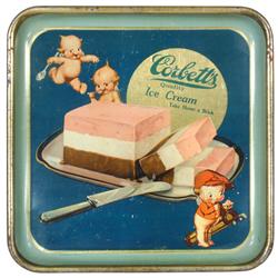 Corbett's Ice Cream tray, litho on tin, featuring Kewpies & Neapolitan "Brick" ice cream, VG cond, 1