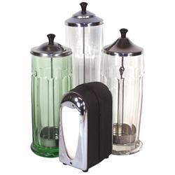 Soda fountain items (4), 3 straw holders, 2 clear & 1 green "linked chain" heavy pressed glass w/dom
