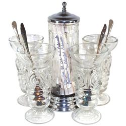 Soda fountain items (5), glass straw holder w/metal base & lid w/insert, includes "Vacation in Color