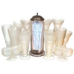 Soda fountain straw holder & dishes (13), straw holder w/metal lid & insert & assorted frosted glass