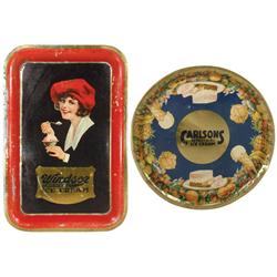 Ice cream metal advertising trays (2), Carlson's Ice Cream, slight dent across center, 14"Dia & Wind