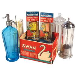 Soda fountain items (7), Nehi Beverage Co. blue seltzer bottle, Prize pattern glass straw holder (mi