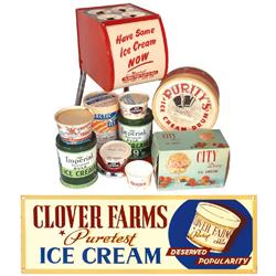Ice cream items (11), red metal cone dispenser, Clover Farms metal sign, metal & cardboard container