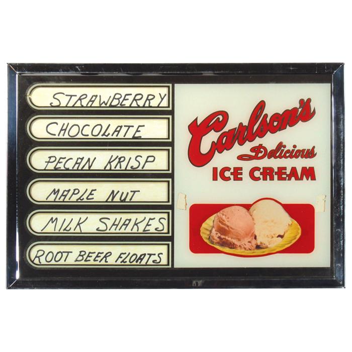 Carlson's Delicious Ice Cream flavor board, mirrored face w/6 flavor