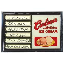 Carlson's Delicious Ice Cream flavor board, mirrored face w/6 flavor slots in chrome frame, 2 restor