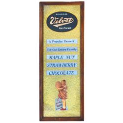 Velvet Ice Cream flavor board, 5 open slots in cardboard back for changing flavors, VG cond w/1 tape