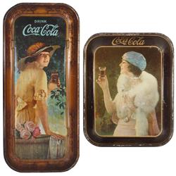 Coca-Cola serving trays (2), both litho on tin, c.1916 Elaine, Good+ to VG cond, 19"H x 8.5"W & c.19