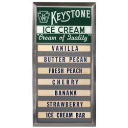 Keystone Ice Cream flavor board, mfgd by Milprint Inc., Milw, WI, glass front w/metal frame & 7 flav