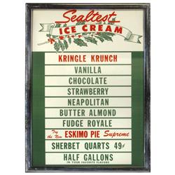 Sealtest Ice Cream flavor board (holiday style, includes Kringle Krunch), framed w/glass front, Exc 