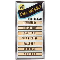Oak Brand Ice Cream flavor board, glass front w/chrome frame & 7 flavor slots, Exc cond, 20"H x 10"W
